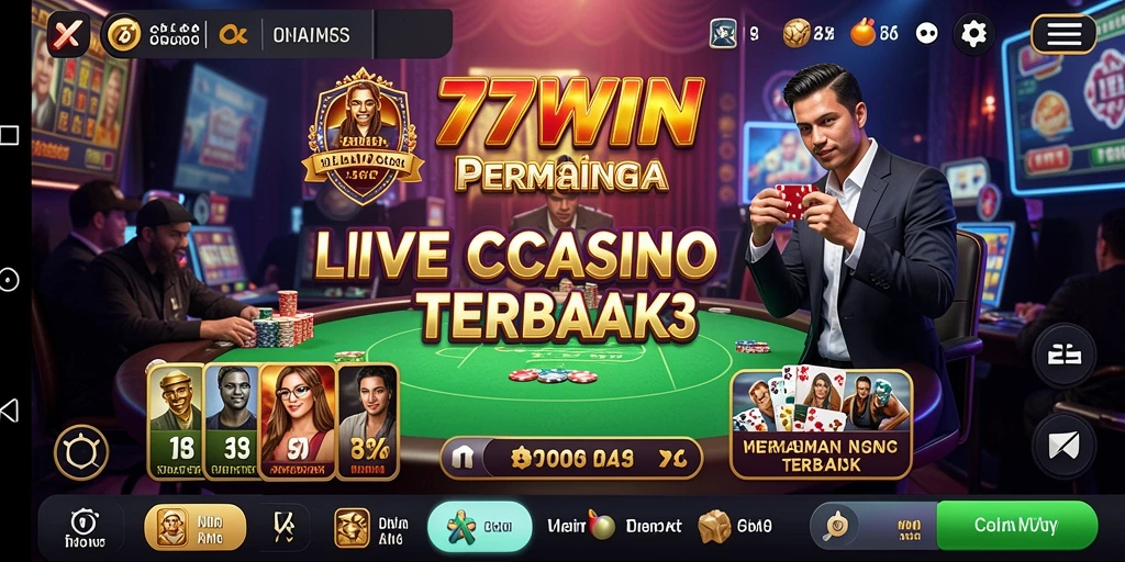 Screenshot gameplay Live Casino di 77WIN menunjukkan dealer profesional dan pemain aktif.