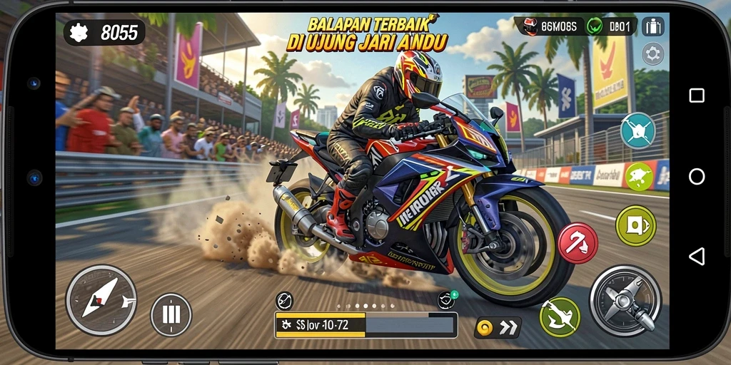 Gameplay seru balapan motor di 8055 dengan trek menantang.