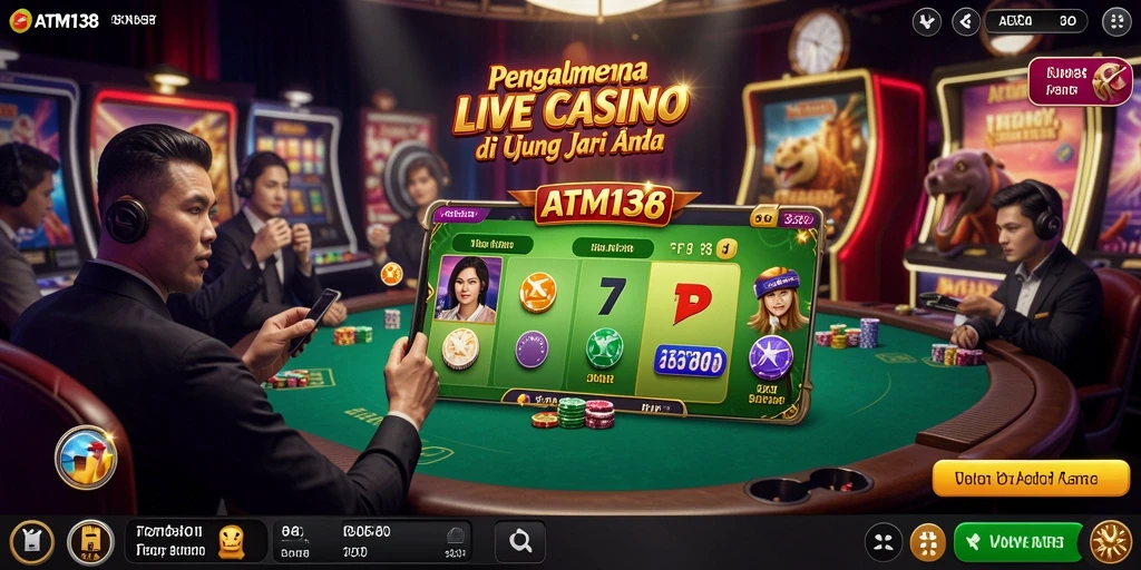 Tampilan utama aplikasi ATM138 dengan dealer dan permainan Live Casino.