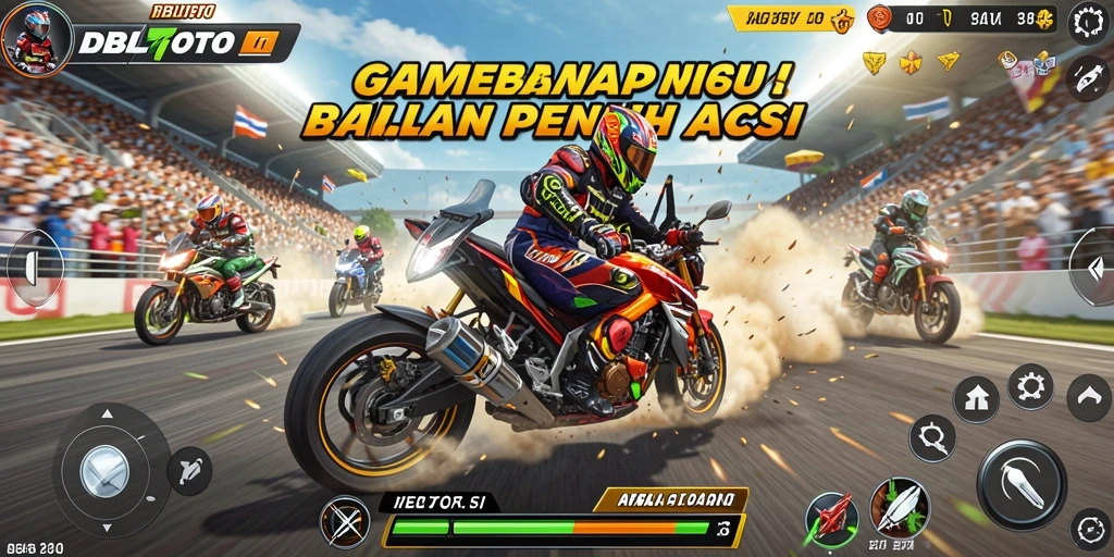 Tampilan gameplay seru DBLTOTO dengan aksi balapan motor mendebarkan.