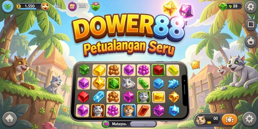 Screenshot DOWER88 menampilkan gameplay seru dengan kombinasi warna-warni Match-3.