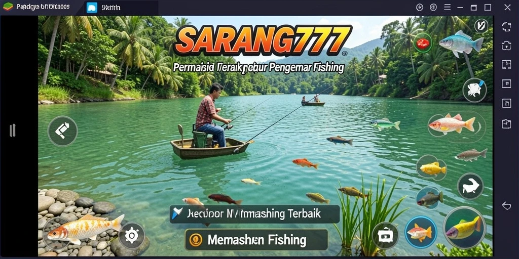 Screenshot menunjukkan pemain menangkap ikan besar di SARANG777 dengan latar belakang laut yang indah.