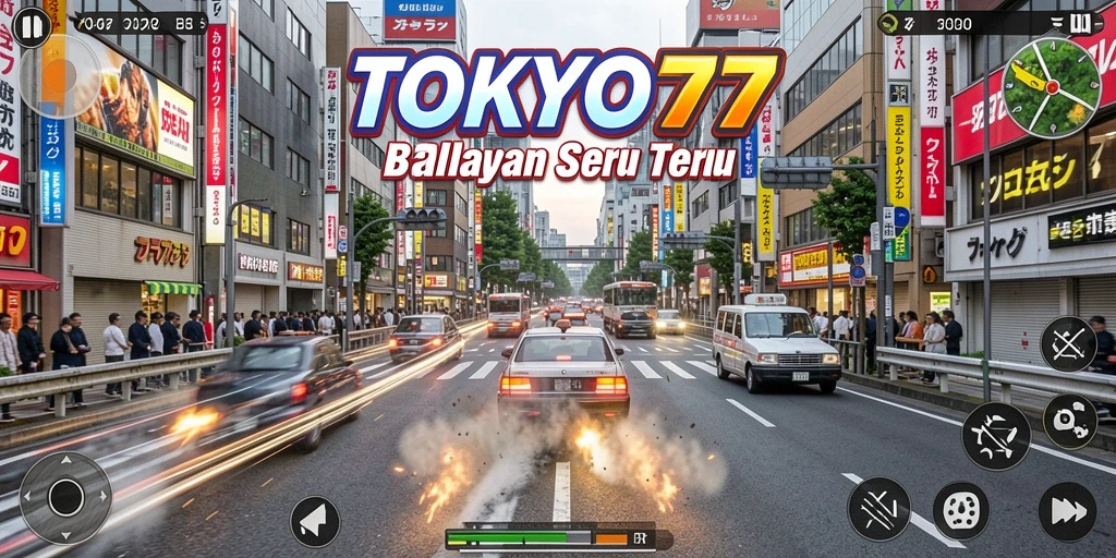 Tampilan gameplay balapan seru di jalanan Tokyo yang hidup.